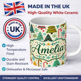 Personalized Custom Name Festive Christmas Trees Candy Canes Snowflakes Stars Baubles Holiday 11oz Ceramic Coffee Tea Mug White Large Handle
