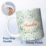 Personalized Custom Name Watercolor Christmas Tree Pastel Forest Seamless Pattern Lovely 11oz Ceramic Coffee Tea Mug White Large Handle