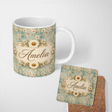 Personalized Custom Name Rustic Daisy Pattern on Neutral Textured Canvas Style Background 11oz Ceramic Coffee Tea Mug White Large Handle