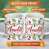 Personalized Custom Name Cute Snowman Candy Cane Gift Tree Seamless Pattern Festive Winter 11oz Ceramic Coffee Tea Mug White Large Handle