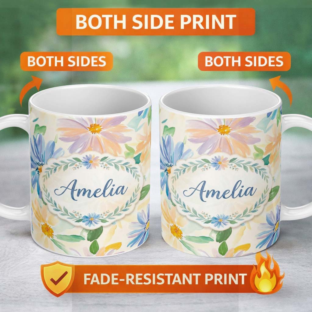 Personalized Custom Name Watercolor Blue Floral Botanical Seamless Pattern on Cream Lovely 11oz Ceramic Coffee Tea Mug White Large Handle