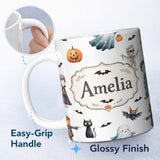 Personalized Custom Name Halloween Zombie Mummy Vampire Bat Spooky Light Grey Seamless 11oz Ceramic Coffee Tea Mug White Large Handle