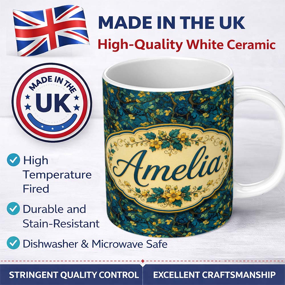 Personalized Custom Name Deep Blue Background with Yellow Leaves and Flowing Branches Lovely 11oz Ceramic Coffee Tea Mug White Large Handle