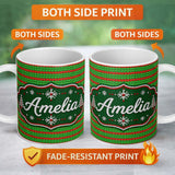 Personalized Custom Name Red Green Knitted Texture Seamless Pattern Stylish Everyday Mug 11oz Ceramic Coffee Tea Mug White Large Handle