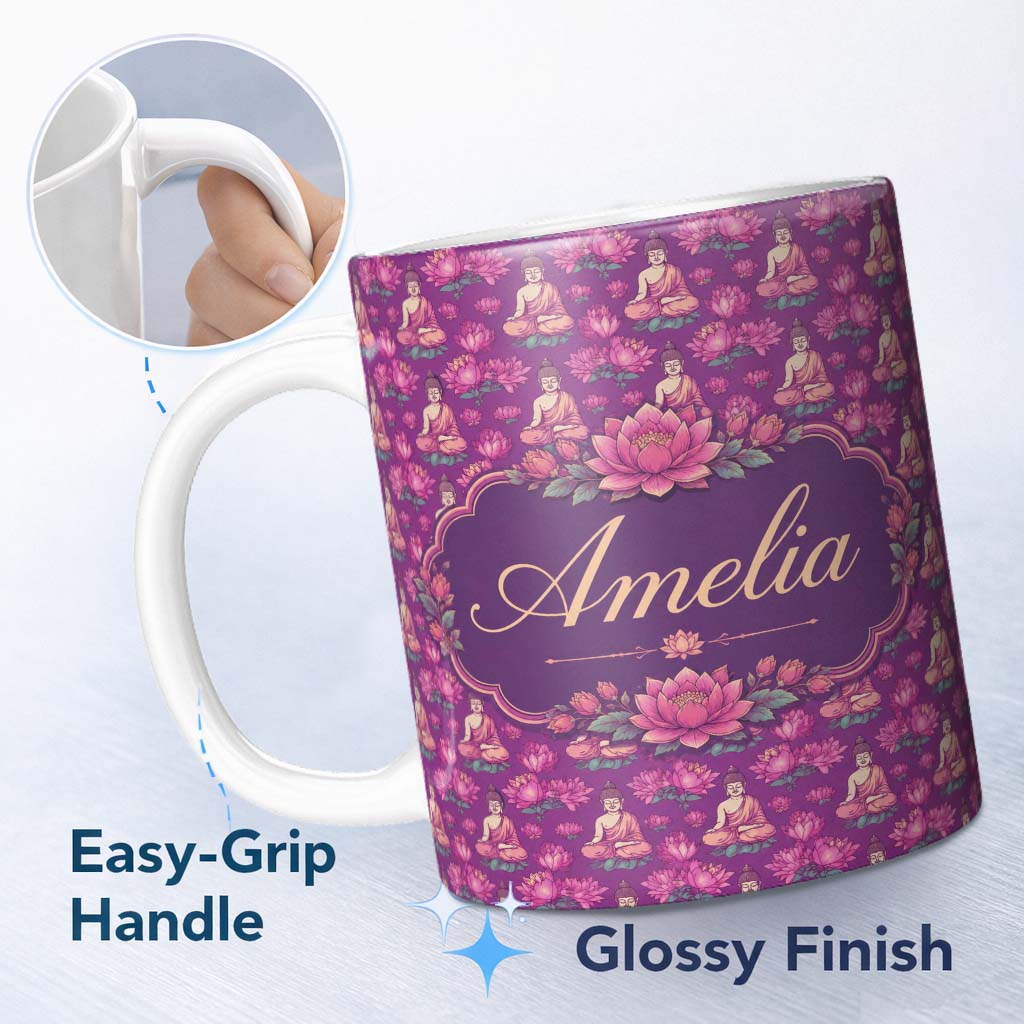 Personalized Custom Name Meditating Buddha with Lotus Flowers Purple Seamless Pattern Lovely 11oz Ceramic Coffee Tea Mug White Large Handle