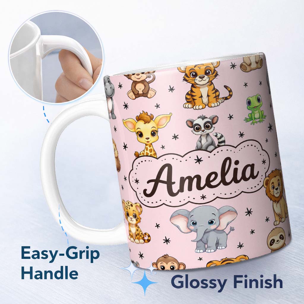 Personalized Custom Name Cute Cartoon Safari Animals with Stars on Pink Background Nursery 11oz Ceramic Coffee Tea Mug White Large Handle