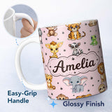 Personalized Custom Name Cute Cartoon Safari Animals with Stars on Pink Background Nursery 11oz Ceramic Coffee Tea Mug White Large Handle