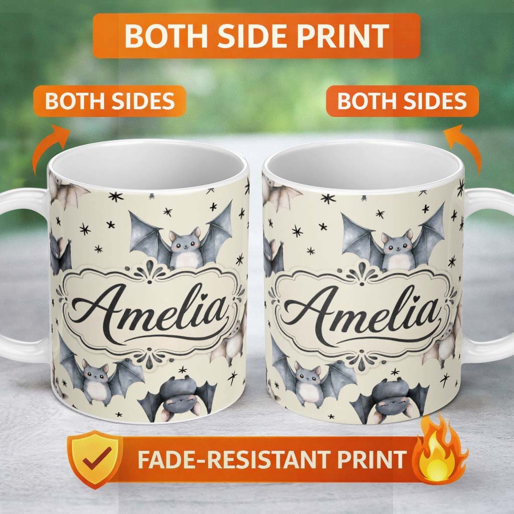 Personalized Custom Name Cute Watercolor Bats and Stars Seamless Pattern Beige Background 11oz Ceramic Coffee Tea Mug White Large Handle