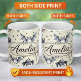 Personalized Custom Name Cute Watercolor Bats and Stars Seamless Pattern Beige Background 11oz Ceramic Coffee Tea Mug White Large Handle
