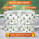 Personalized Custom Name Mini Christmas Tree Winter Holiday Snowy Seamless Pattern Lovely 11oz Ceramic Coffee Tea Mug White Large Handle
