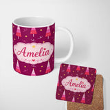 Personalized Custom Name Pink Christmas Trees Stars Lights Festive Seamless Pattern Lovely 11oz Ceramic Coffee Tea Mug White Large Handle