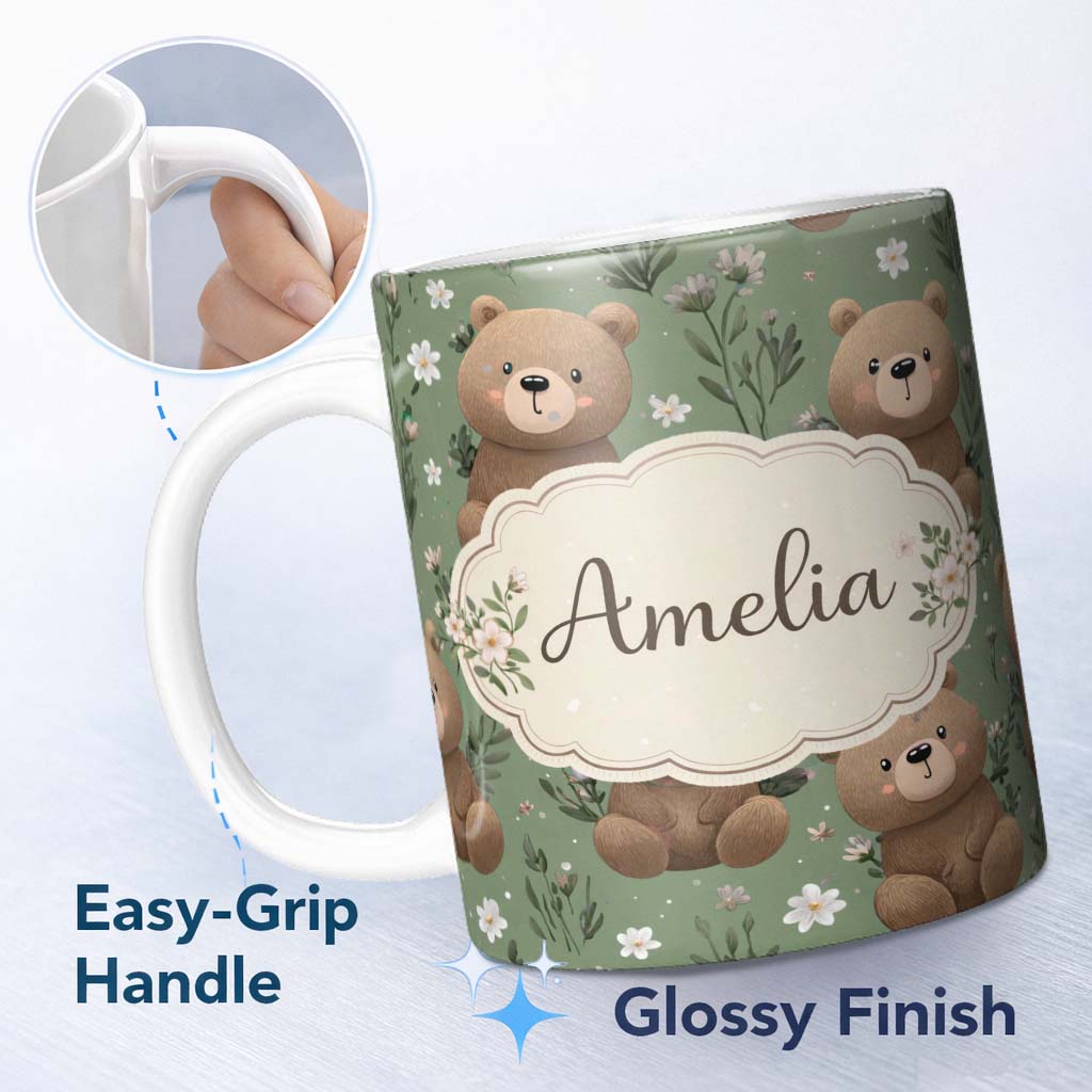 Personalized Custom Name Cute Teddy Bears with Floral Elements Seamless Pattern Green Lovely 11oz Ceramic Coffee Tea Mug White Large Handle