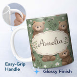Personalized Custom Name Cute Teddy Bears with Floral Elements Seamless Pattern Green Lovely 11oz Ceramic Coffee Tea Mug White Large Handle