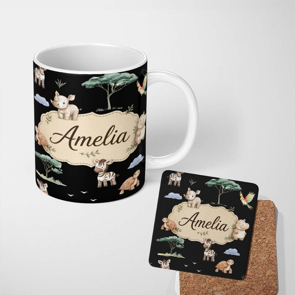Personalized Custom Name Cute Safari Animals Zebra Turtle on Black Seamless Pattern Lovely 11oz Ceramic Coffee Tea Mug White Large Handle