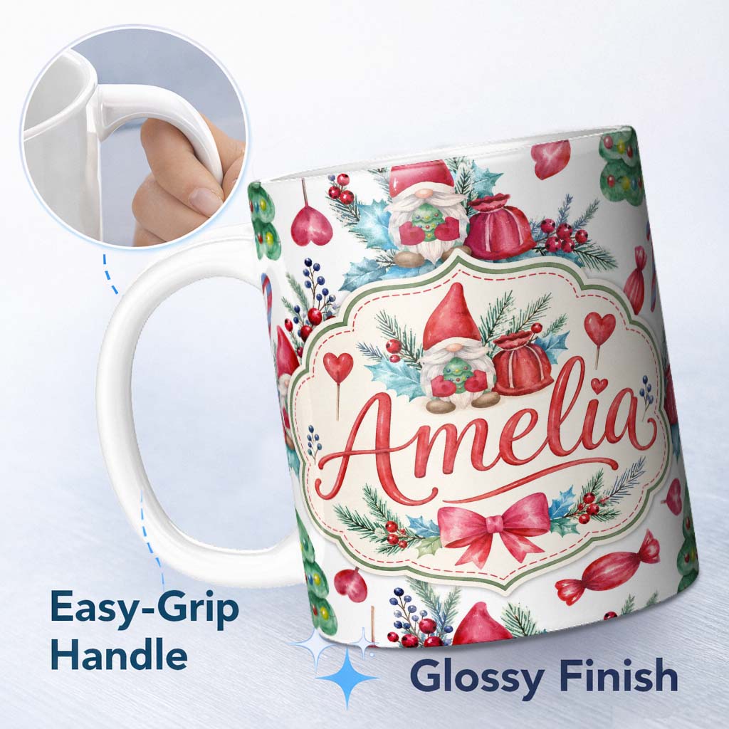 Personalized Custom Name Whimsical Christmas Gnome Tree Candy Sweet Holiday Seamless Pattern 11oz Ceramic Coffee Tea Mug White Large Handle