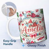 Personalized Custom Name Whimsical Christmas Gnome Tree Candy Sweet Holiday Seamless Pattern 11oz Ceramic Coffee Tea Mug White Large Handle