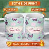 Personalized Custom Name Pink Purple Butterfly Floral Teal Background Seamless Pattern Lovely 11oz Ceramic Coffee Tea Mug White Large Handle