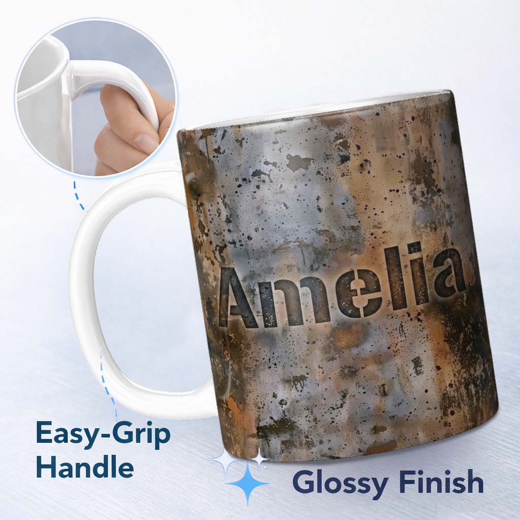 Personalized Custom Name Weathered Metal Rust Texture Seamless Pattern Industrial Grunge 11oz Ceramic Coffee Tea Mug White Large Handle