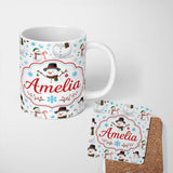 Personalized Custom Name Cute Snowman Winter Scarf Hat Snowflakes Seamless Pattern Lovely 11oz Ceramic Coffee Tea Mug White Large Handle