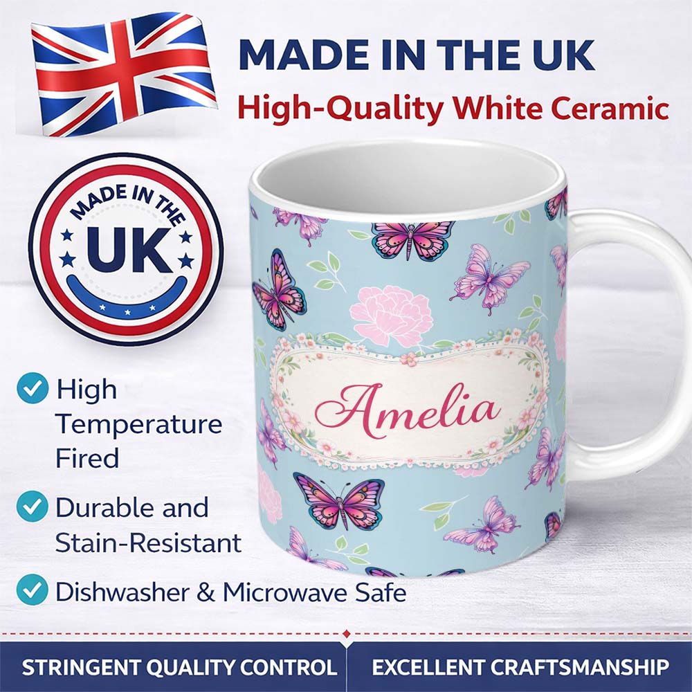 Personalized Custom Name Pink Purple Butterfly Floral Blue Background Seamless Pattern Lovely 11oz Ceramic Coffee Tea Mug White Large Handle