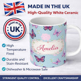 Personalized Custom Name Pink Purple Butterfly Floral Blue Background Seamless Pattern Lovely 11oz Ceramic Coffee Tea Mug White Large Handle
