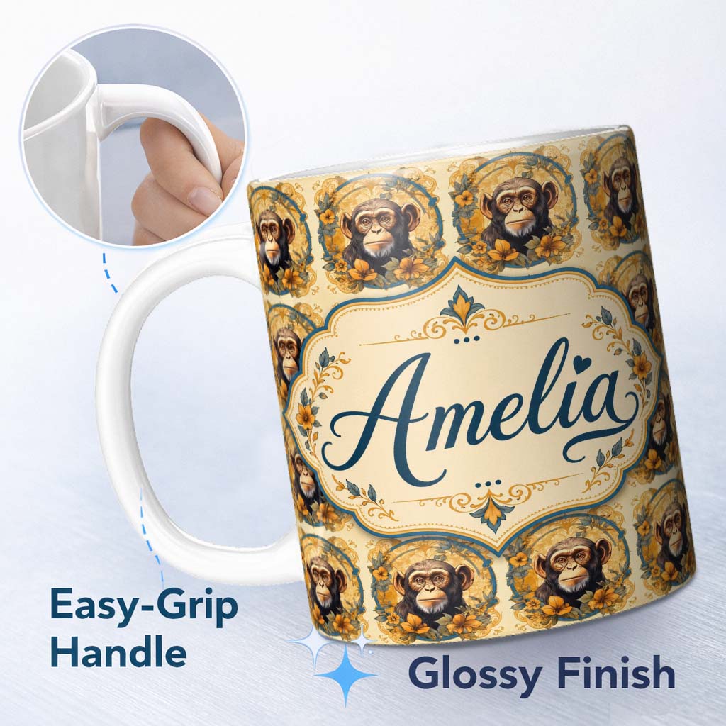 Personalized Custom Name Floral Vintage Monkey Portrait with Botanical Wreath Pattern in Soft 11oz Ceramic Coffee Tea Mug White Large Handle