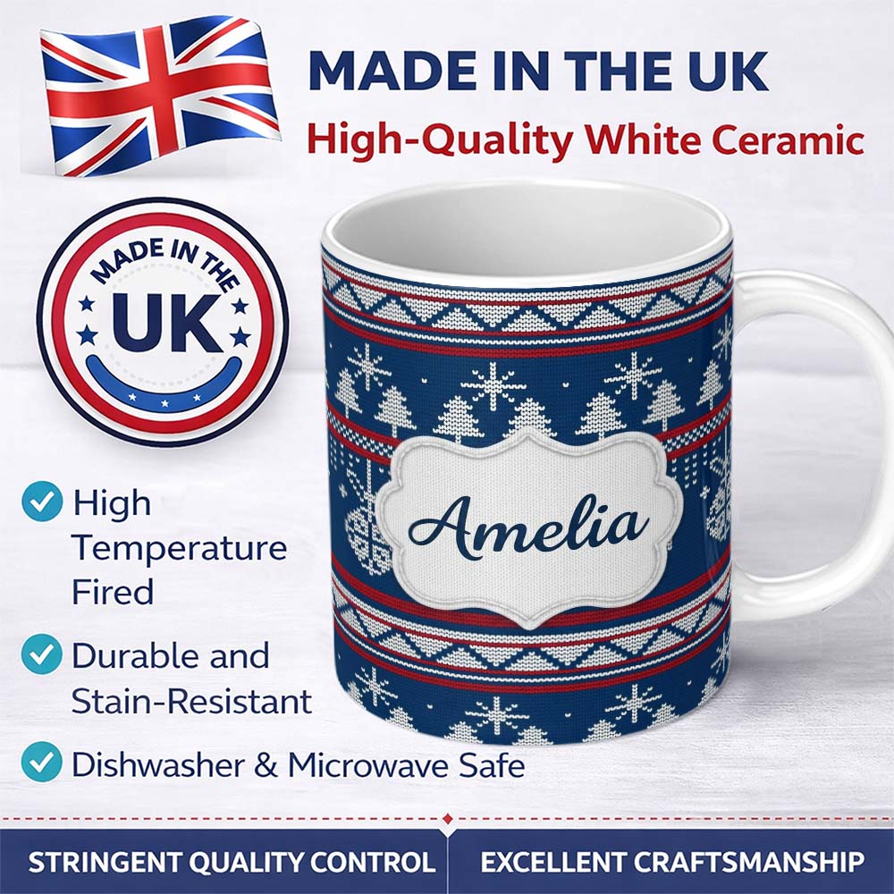 Personalized Custom Name Scandinavian Snowflake Ornament Knit Pattern Blue White Red Holiday 11oz Ceramic Coffee Tea Mug White Large Handle