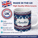 Personalized Custom Name Scandinavian Snowflake Ornament Knit Pattern Blue White Red Holiday 11oz Ceramic Coffee Tea Mug White Large Handle