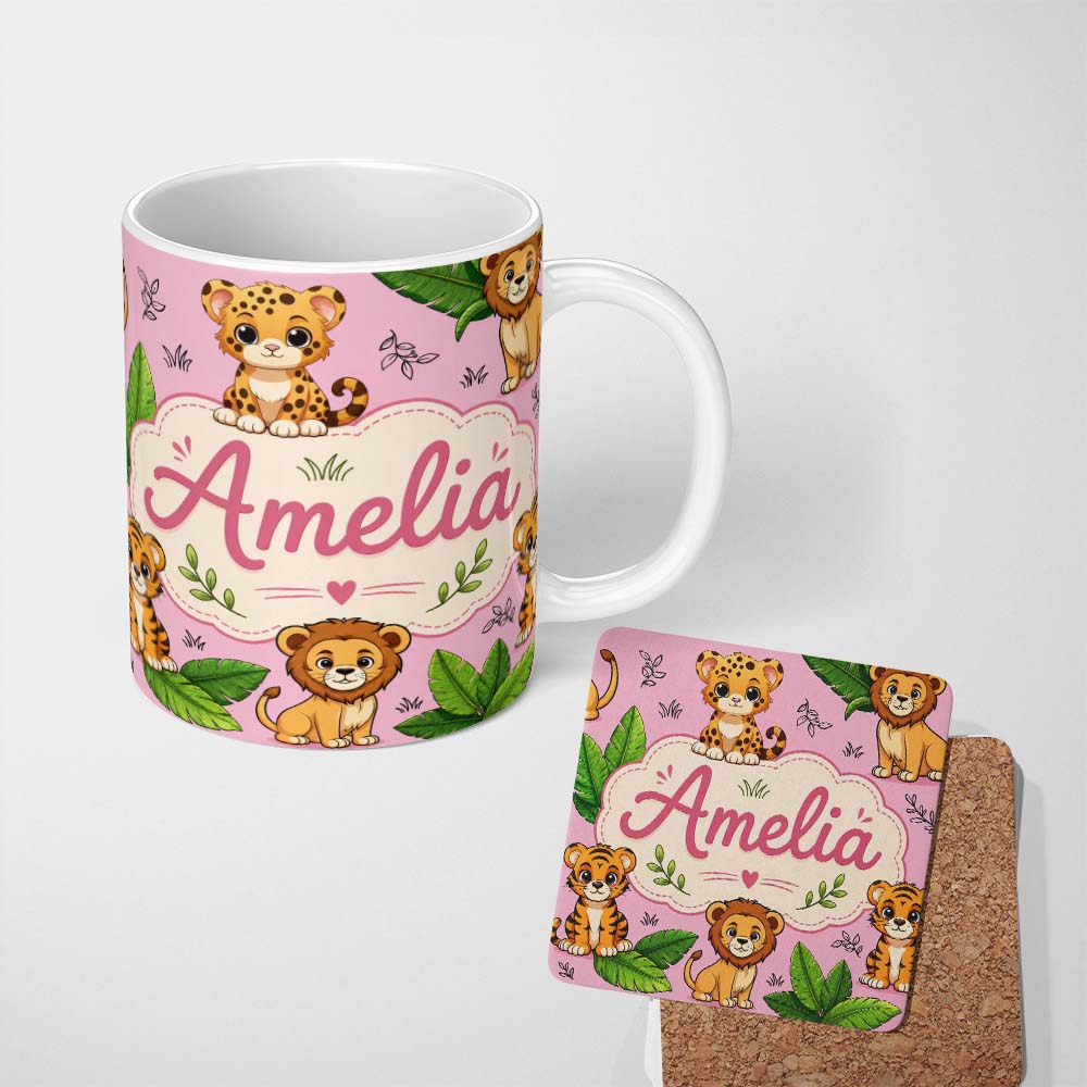 Personalized Custom Name Cute Jungle Animals Lion Tiger Leopard Tropical Leaves Soft Pink 11oz Ceramic Coffee Tea Mug White Large Handle