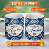 Personalized Custom Name Deep Blue Artistic Tribal Aztec Seamless Pattern Cute Unique Gift 11oz Ceramic Coffee Tea Mug White Large Handle
