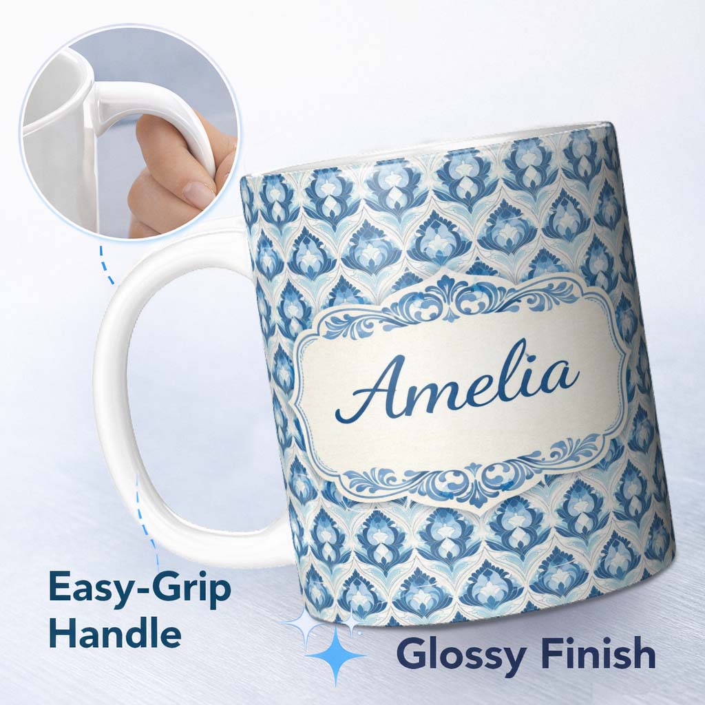 Personalized Custom Name Blue Geometric Art Deco Seamless Pattern Symmetrical Decorative 11oz Ceramic Coffee Tea Mug White Large Handle