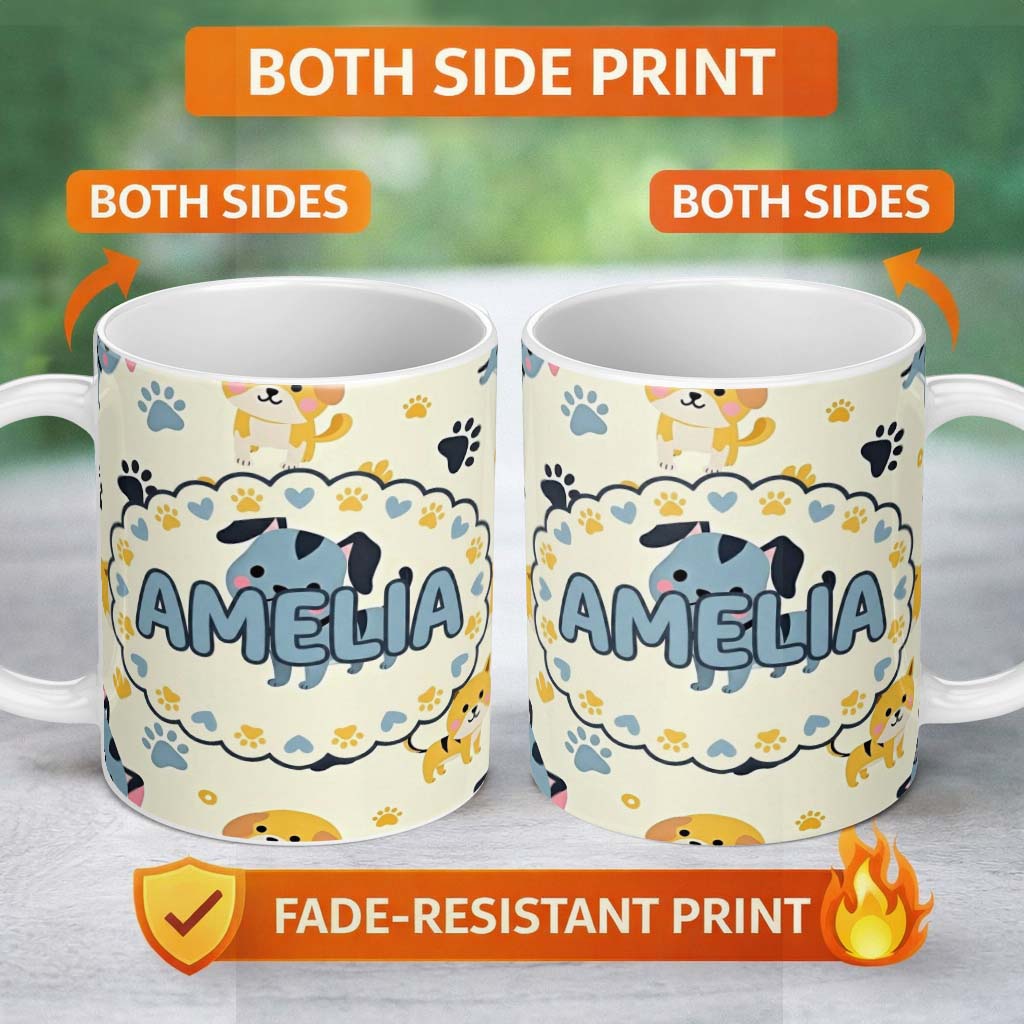 Personalized Custom Name Cute Cartoon Puppies and Paw Prints Kawaii Style Seamless Pattern 11oz Ceramic Coffee Tea Mug White Large Handle