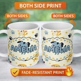 Personalized Custom Name Cute Cartoon Puppies and Paw Prints Kawaii Style Seamless Pattern 11oz Ceramic Coffee Tea Mug White Large Handle