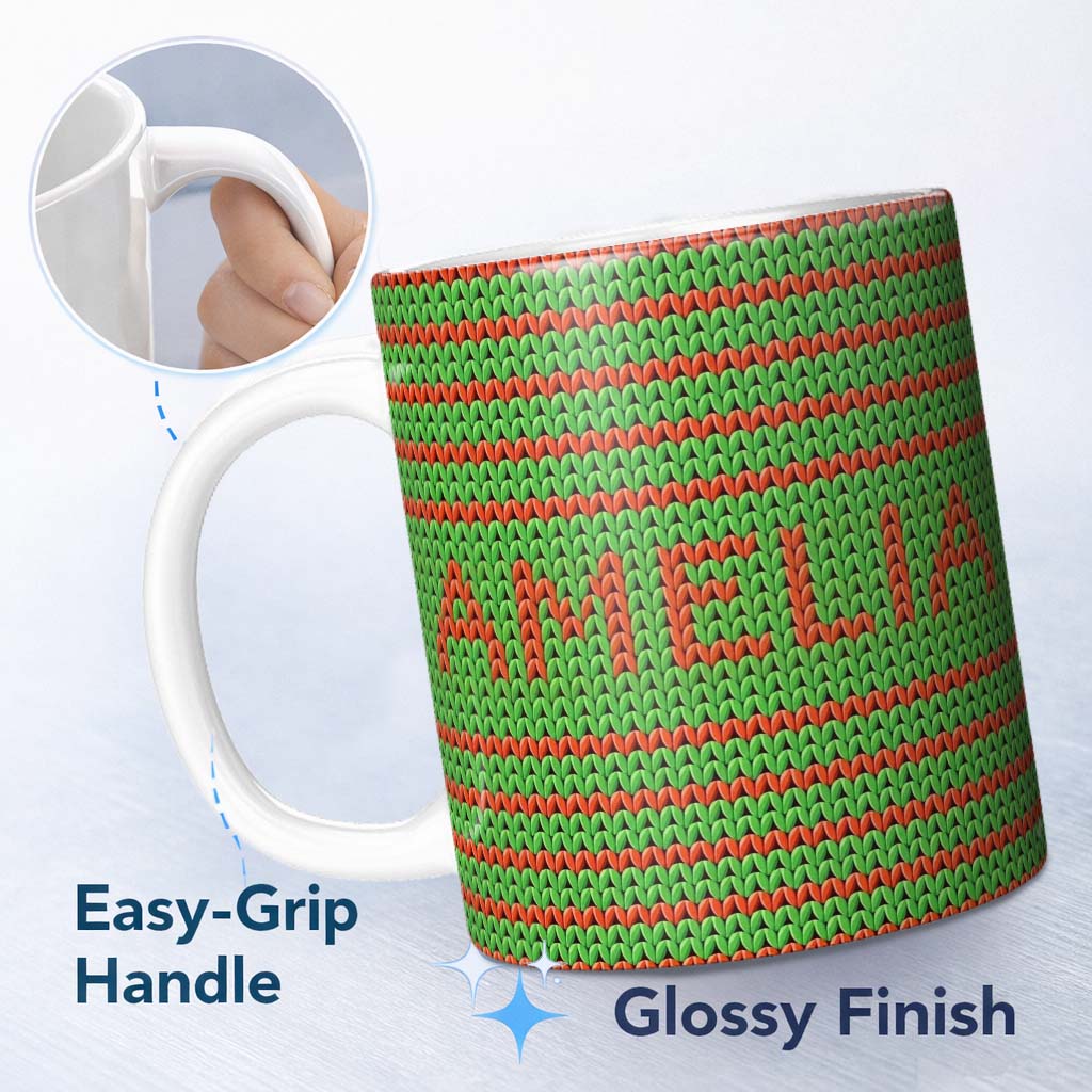Personalized Custom Name Cute Festive Knit Green Red White Nordic Textile Seamless Pattern 11oz Ceramic Coffee Tea Mug White Large Handle