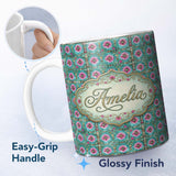Personalized Custom Name Teal Pink Daisy Floral Tile Pattern Vintage Ornamental Design Lovely 11oz Ceramic Coffee Tea Mug White Large Handle