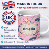 Personalized Custom Name Cute Kawaii Whale Starfish Seashell Ocean Animals Rose Background 11oz Ceramic Coffee Tea Mug White Large Handle