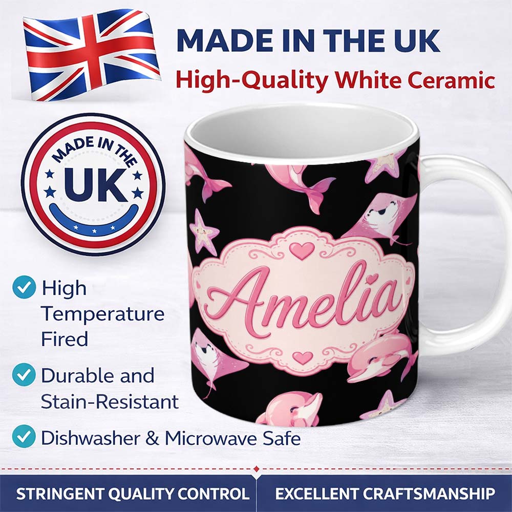 Personalized Custom Name Cute Pink Dolphin Stingray Starfish Ocean Creatures Black Background 11oz Ceramic Coffee Tea Mug White Large Handle