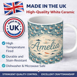 Personalized Custom Name Stylized Seagulls with Abstract Ocean Shapes Seamless Pattern Lovely 11oz Ceramic Coffee Tea Mug White Large Handle