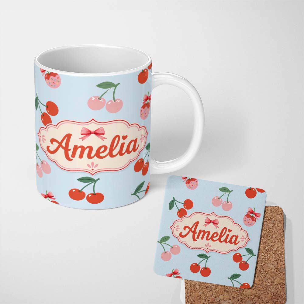 Personalized Custom Name Cute Cherry Fruit Pastel Blue Background Sweet Seamless Pattern 11oz Ceramic Coffee Tea Mug White Large Handle