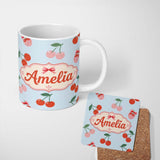 Personalized Custom Name Cute Cherry Fruit Pastel Blue Background Sweet Seamless Pattern 11oz Ceramic Coffee Tea Mug White Large Handle