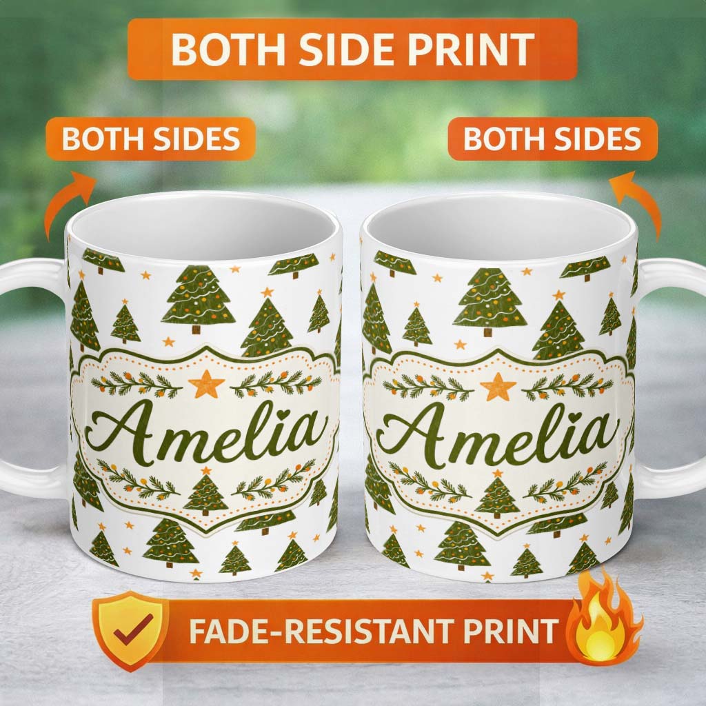 Personalized Custom Name Cute Christmas Trees with Golden Stars Minimal Holiday Seamless 11oz Ceramic Coffee Tea Mug White Large Handle