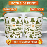 Personalized Custom Name Cute Christmas Trees with Golden Stars Minimal Holiday Seamless 11oz Ceramic Coffee Tea Mug White Large Handle