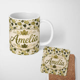 Personalized Custom Name Green and Cream Maple Leaf Pattern with Natural Foliage Style Lovely 11oz Ceramic Coffee Tea Mug White Large Handle