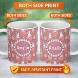 Personalized Custom Name Cute Kawaii Bunny Donuts Strawberry Dessert Seamless Pattern Pink 11oz Ceramic Coffee Tea Mug White Large Handle