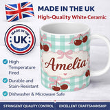 Personalized Custom Name Cherry Bow Ribbon Cute Mint Gingham Picnic Check Seamless Pattern 11oz Ceramic Coffee Tea Mug White Large Handle