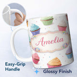 Personalized Custom Name Hand Drawn Cupcake Seamless Pattern Pastel Dessert Illustration 11oz Ceramic Coffee Tea Mug White Large Handle