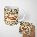 Personalized Custom Name Mustard Yellow and Black Vintage Camera Illustration Seamless Lovely 11oz Ceramic Coffee Tea Mug White Large Handle
