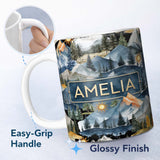 Personalized Custom Name Watercolour Mountain Landscape with Pine Trees and Sun Artistic 11oz Ceramic Coffee Tea Mug White Large Handle