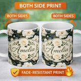 Personalized Custom Name Romantic White Roses Dark Botanical Garden Seamless Pattern Lovely 11oz Ceramic Coffee Tea Mug White Large Handle