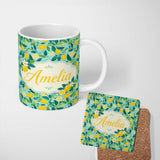 Personalized Custom Name Fresh Lemon and Leaf Scatter Pattern on Teal Background Seamless 11oz Ceramic Coffee Tea Mug White Large Handle